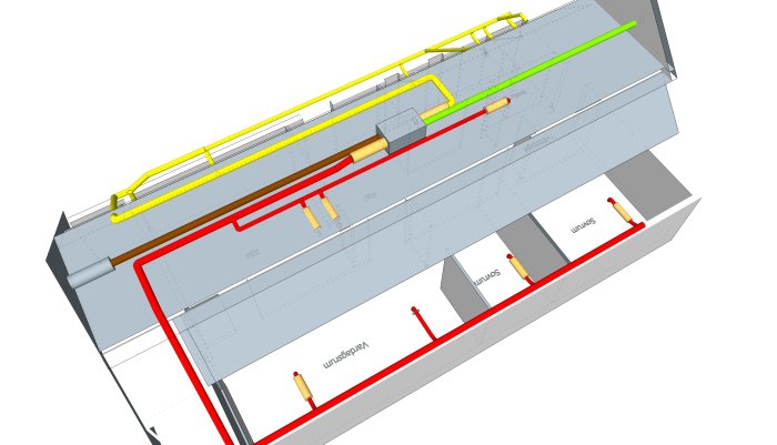 3D-ritning av en byggnadssektion som visar ventilationssystemet med fasta dämpare, in- och av-luftsflöden.