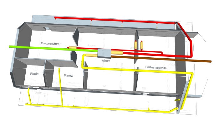 3D-ritning av ventilationssystem i hus med in- och av-luftsflöden markera och ljuddämpare installerade.