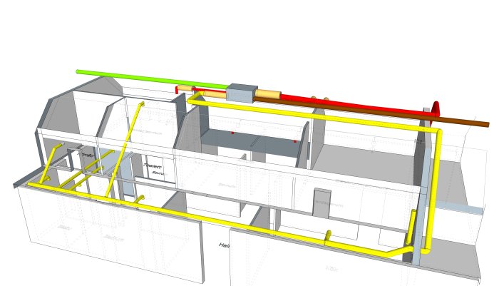 3D-ritning av ventilation i ett hus med färgkodade kanaler för in- och av-luft samt dämpare.