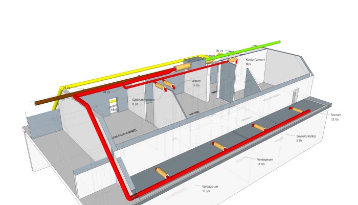 3D-ritning av ett hus med markerade ventilationsvägar, dämpare och luftflöden i olika rum.