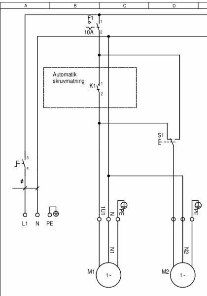 Elektriskt kopplingsschema för automatisk skruvmatning med enpolig växlande brytare och motorer.