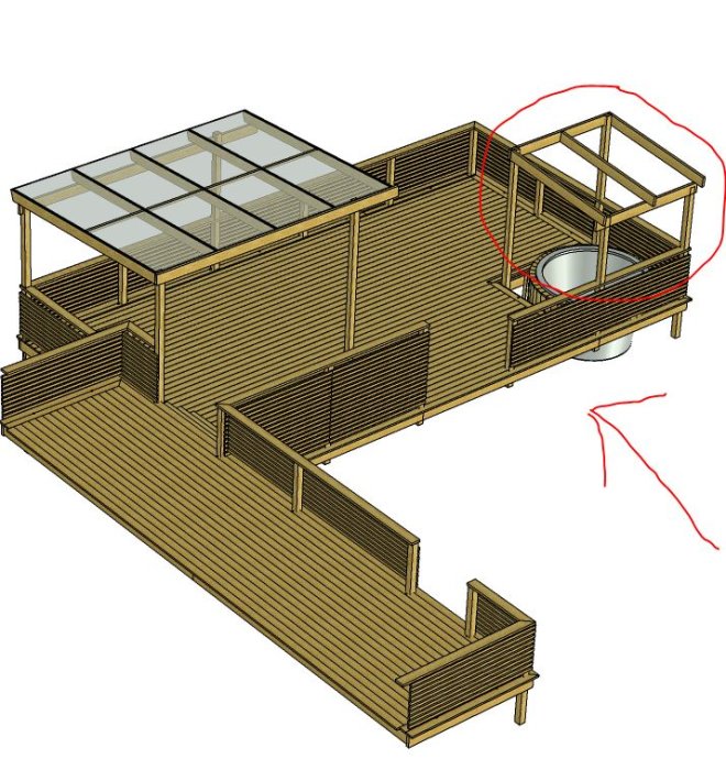3D-modell av en oavslutad altan med matplats under kanalplast-tak och markerad plats för en pool.