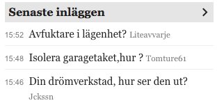 Skärmbild av webbforumets senaste inlägg med rubriker och användarnamn.