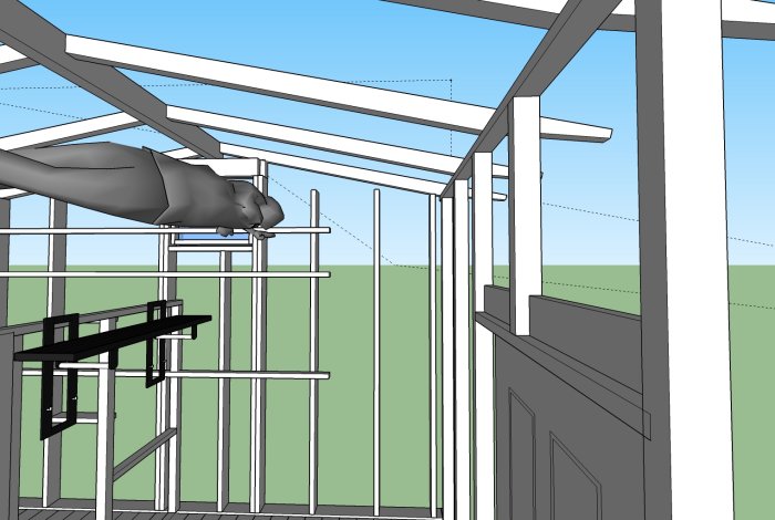 3D-modell av trästomme till byggnad med reglar och hammarband i fokus.