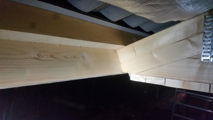 Takplåtens bakkant som syns ovanför en vertikalt monterad regel inifrån en carport, med underlagsduk som slutar innanför takfoten.