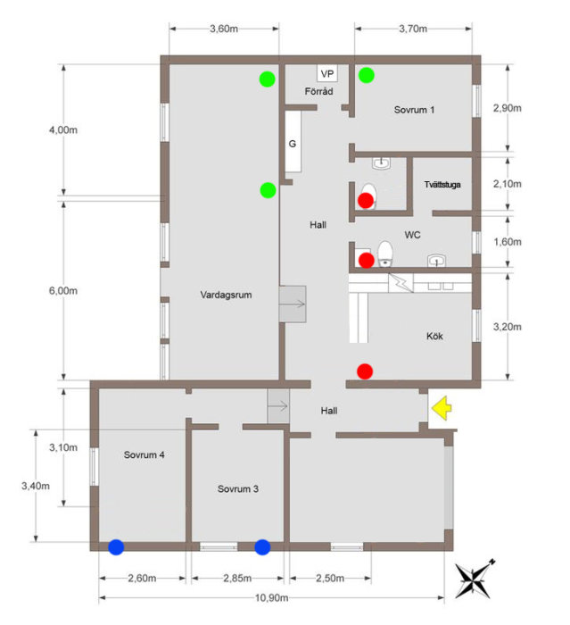 Ritning av ett hus med markerade tilluftsplatser i grönt, frånluftsplatser i rött och MiniFTX-placering i blått.