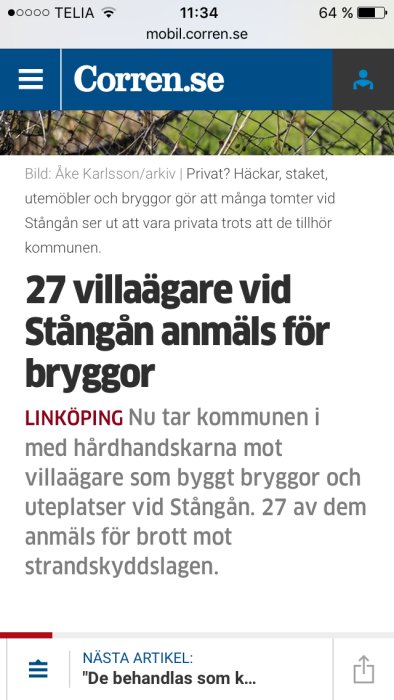 Skärmdump från Corren.se med nyhetsrubrik om anmälda villägare vid Stångån.