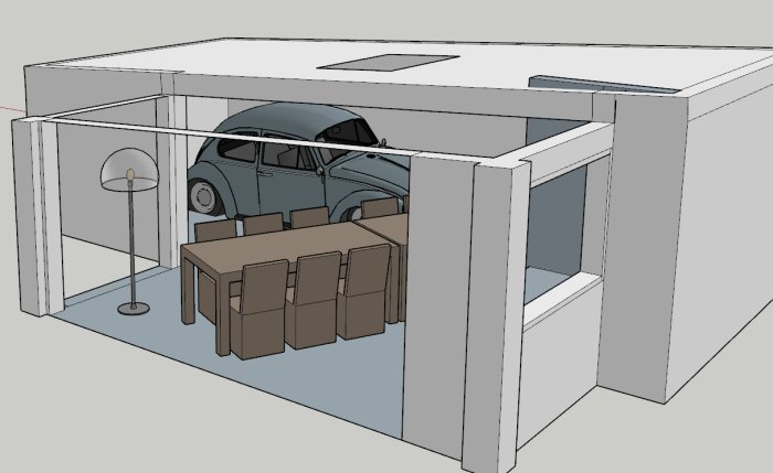 3D-modellering av ett planerat uterum över ett garage med matbord och bil inuti.