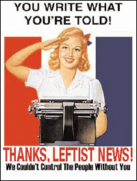 Satirisk illustration med en retro sekreterare som saluterar vid en skrivmaskin och text som kritiserar vänsterns nyheter.