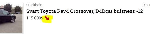 Svart Toyota RAV4 med priset 115 000 kr och en röd pilsymbol, indikerar nedsatt pris.