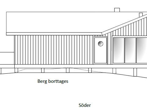 Arkitektonisk ritning av en husfasad från söder med texten "Berg borttages".