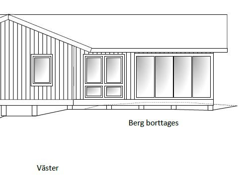 Arkitektonisk ritning av ett enplanshus med texten "Berg borttages" och riktning angiven som väster.