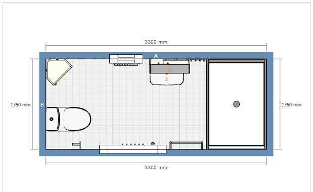 Planritning av ett badrum med markerad plats för toalett, dusch, handfat och värmeelement, uppmätt för tillgänglighet.