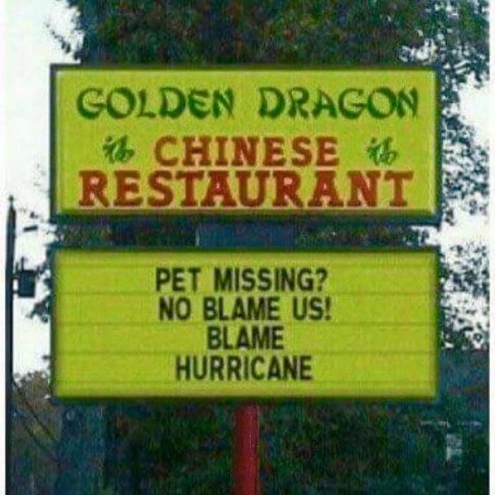 Skylt utanför restaurang "Golden Dragon Chinese Restaurant" med texten "PET MISSING? NO BLAME US! BLAME HURRICANE".