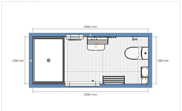 Planritning av ett badrum med toalett, tvättställ, duschhörna, element under fönster och plats för förvaring.