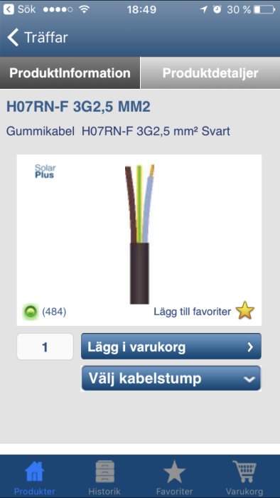 Skärmdump av en webbutik som visar H07RN-F 3G2,5 MM2 gummikabel och köpalternativ.