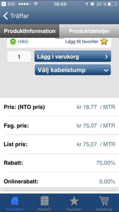 Mobilskärm som visar produktinformation och priser med knappar för att lägga till i varukorg och favoriter.