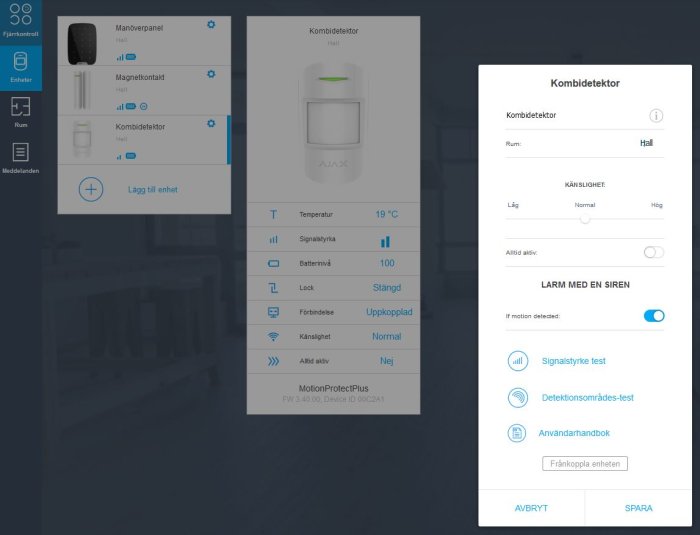 Skärmdump av en säkerhetssystemapp med enhetsstatus och inställningar för en kombidetektor.