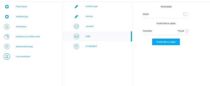 Skärmdump av säkerhetssystemets användargränssnitt med menyval för GSM, larmcentral och saldocheck.