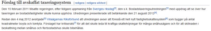 Skärmdump av Wikipedia-artikel om förslag till avskaffat taxeringssystem.