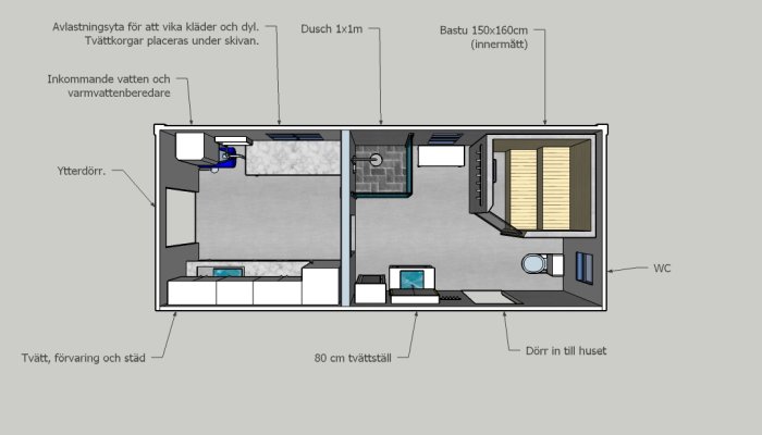 Planritning av en tillbyggnad med tvättstuga, WC, dusch och bastu, samt måttangivelser och plats för vitvaror.