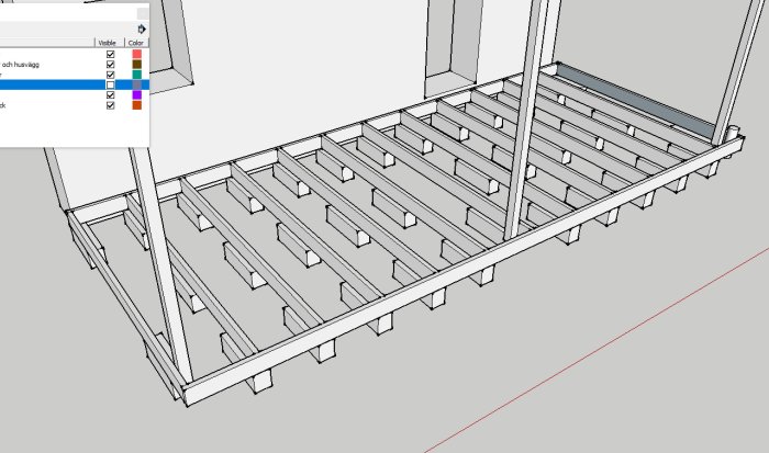 Skiss av trädäcks konstruktion med reglar och bärlinor stödda på Leca-block, gråskalig, 3x7 meter.