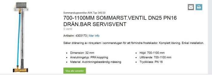 Sommarstugeventil typ AVK för dränering av rörsystem, visas med tekniska specifikationer.