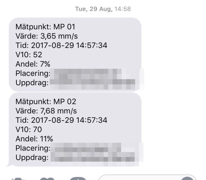 Skärmbild av sms som visar mätvärden från sprängning med hastighet och tidpunkt.