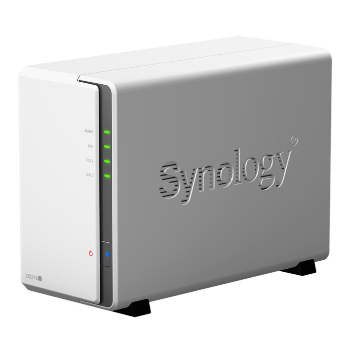 Synology DiskStation DS216j NAS-enhet med tändningsknapp och statusindikatorer.