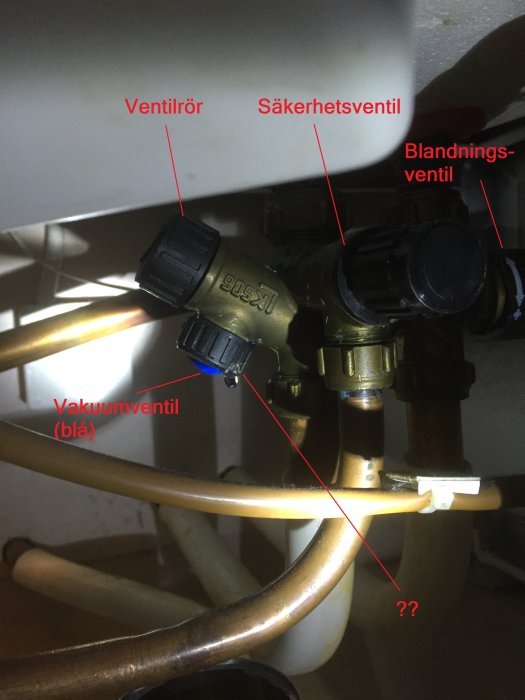 Värmeinstallation med märkta ventiler och en vattendroppe som hänger från en oidentifierad ventil.
