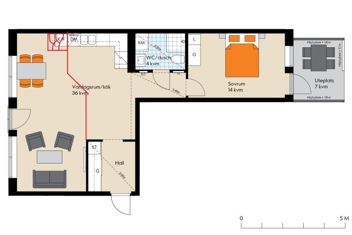 Ritning av ett våningsplan med vardagsrum/kök, sovrum, WC/dusch, hall och uteplats.