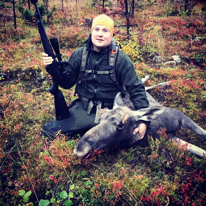 Person i jaktutrustning sitter bredvid en nedlagd älg i skogsmiljö.