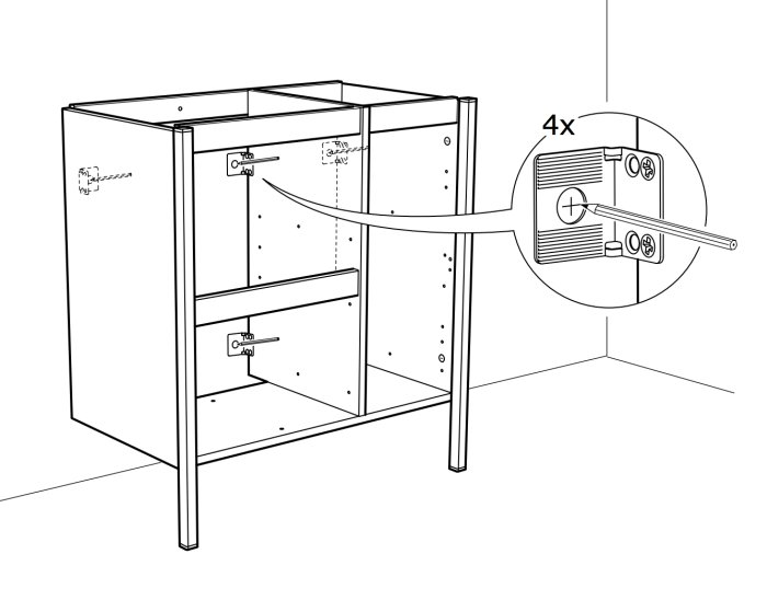 Illustration av ett tvättställ med ben och fästpunkt på vägg, inzoomad på väggmontering.