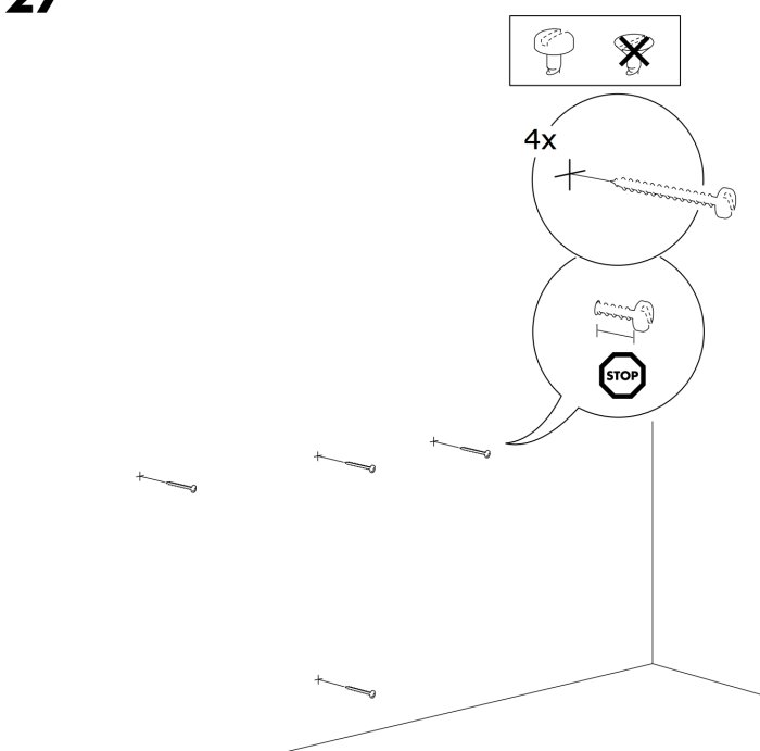 Illustration av en monteringsanvisning som visar skruvar och en förvarningsikon om fel verktyg.