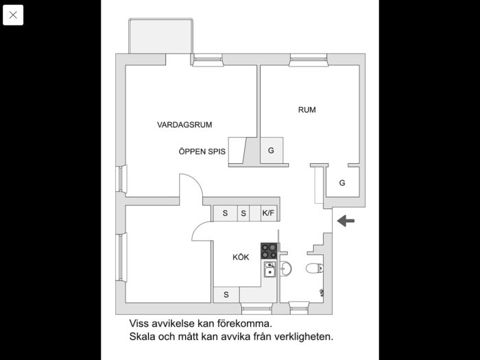 Ritning över en lägenhet med markerat kök begärt för tips om kostnadseffektiv uppfräschning.