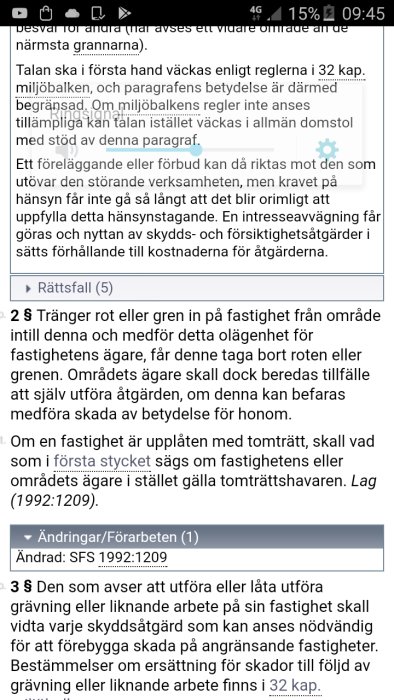 Skärmdump av juridisk text från lagstiftningsdokument om markgränser och underhållsskyldighet.