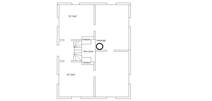 Schematisk ritning av en befintlig planlösning för ett hus med rum, kök, kamin och trappor angivna.