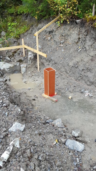 Rostfärgad byggform i grävd grop med lerigt vatten och byggställningar i bakgrunden.