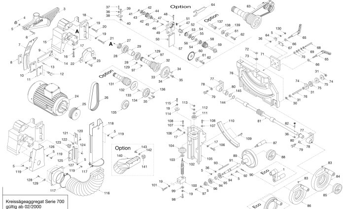 Exploded view diagram of a circular saw assembly with labeled parts, highlighting motor and pulley system.