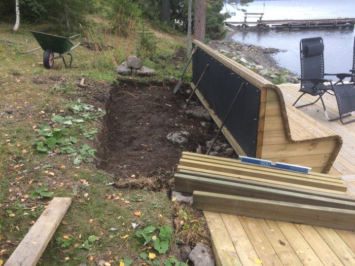 Pågående bygge av utelök bakom en soffa med nya träplankor och en skottkärra intill en utgrävd del av trädgården.