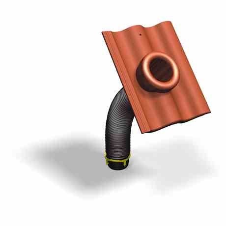 Avluftningsrör på tak med avbruten spiralslang och S-böj som leder in i taket.