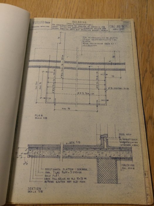 Konstruktionsritningar från 1955 av en balkong till ett Ytonghus, med tekniska detaljer och snitt.