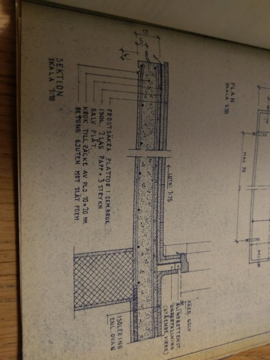 Gamla konstruktionsritningar för ett Ytonghus från 1955, detalj av balkongsektion.