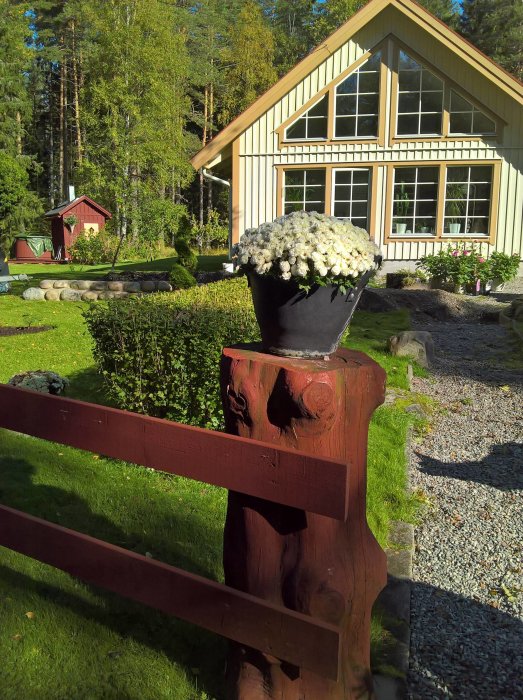 En stor blomkruka på en träpelare framför ett ståtligt hus med stora fönster, omgivet av en välskött trädgård.