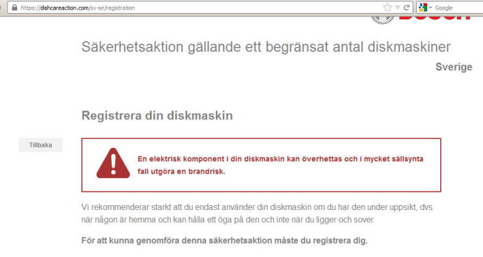 Skärmdump av varning om säkerhetsrisk med defekt elektrisk komponent i diskmaskin.