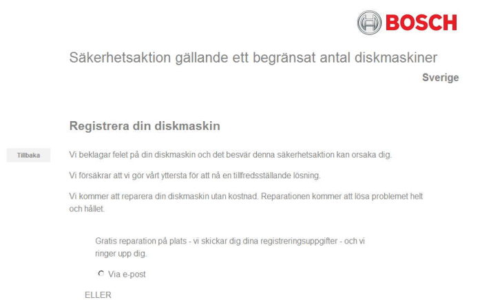 Skärmavbild av en säkerhetsåtgärd för registrering av diskmaskiner på Boschs webbplats.