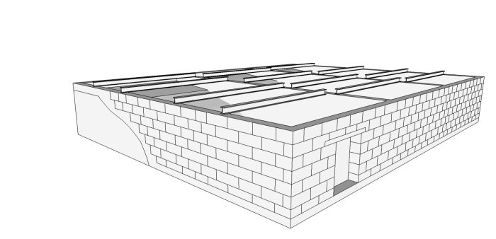 3D-skiss som visar konstruktionen av en krypgrund med betonghålsten och I-balkar.