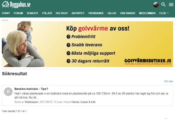 Skärmdump från diskussionsforum Byggahus.se som visar en sökresultatsida med forumtrådar och annons för golvvärme.