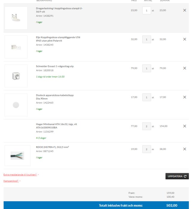 Skärmdump av en onlinevarukorg med elektriska komponenter som kopplingsdosor och installationskabel, totalt 502 kr inkl. moms.