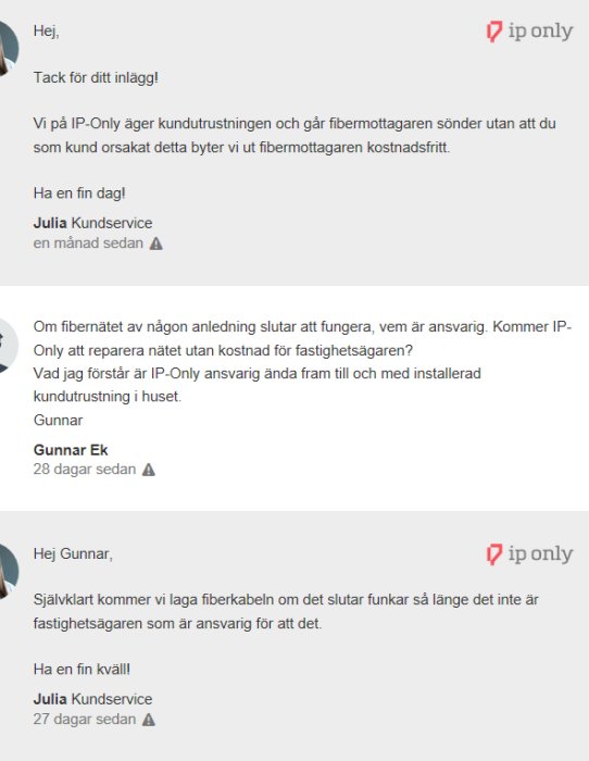 Skärmdump från IP Onlys kundforum som visar en konversation om ägarskap och underhåll av fibernät.